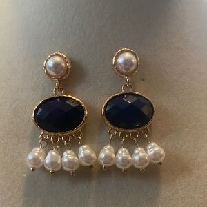 Gold Blue Pearl Drop Earrings